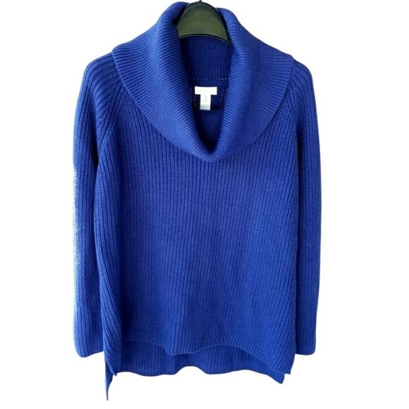 Chico's Cotton Cowlneck Sweater Soft Ribbed High Low Hemline Royal Blue Size XS - Picture 1 of 11
